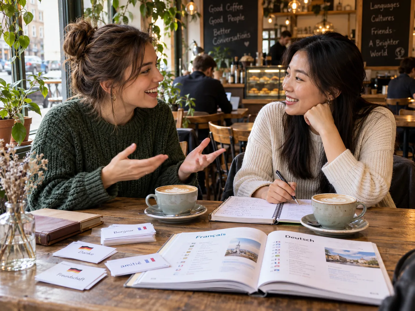 Two people laugh and talk over coffee in a café, with word cards and a French–German textbook on the table.